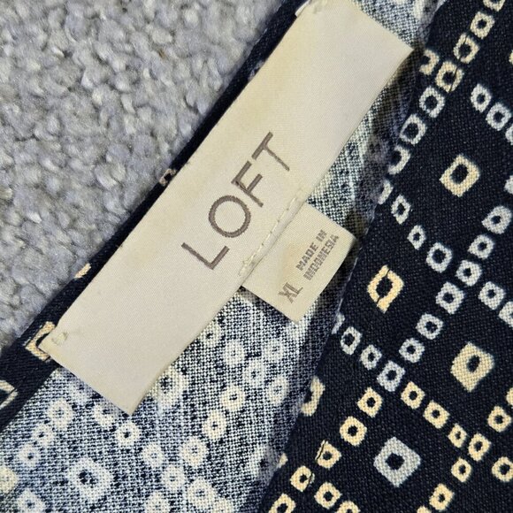 LOFT Linen Blend Blue Batik Border Mosaic Pocket Swing Dress Boho Tribal - Picture 8 of 9